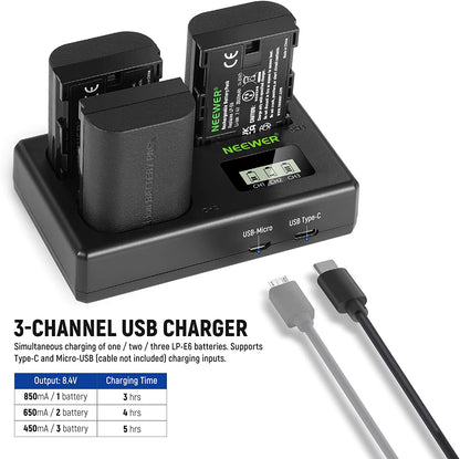 Set de 3 acumulatori LP-E6 2000 mAh, cu incarcator triplu cu afisaj LCD, compatibil Canon EOS 5D Mark II Mark III Mark IV 5D SR 60D 60Da 6D 70D 7D