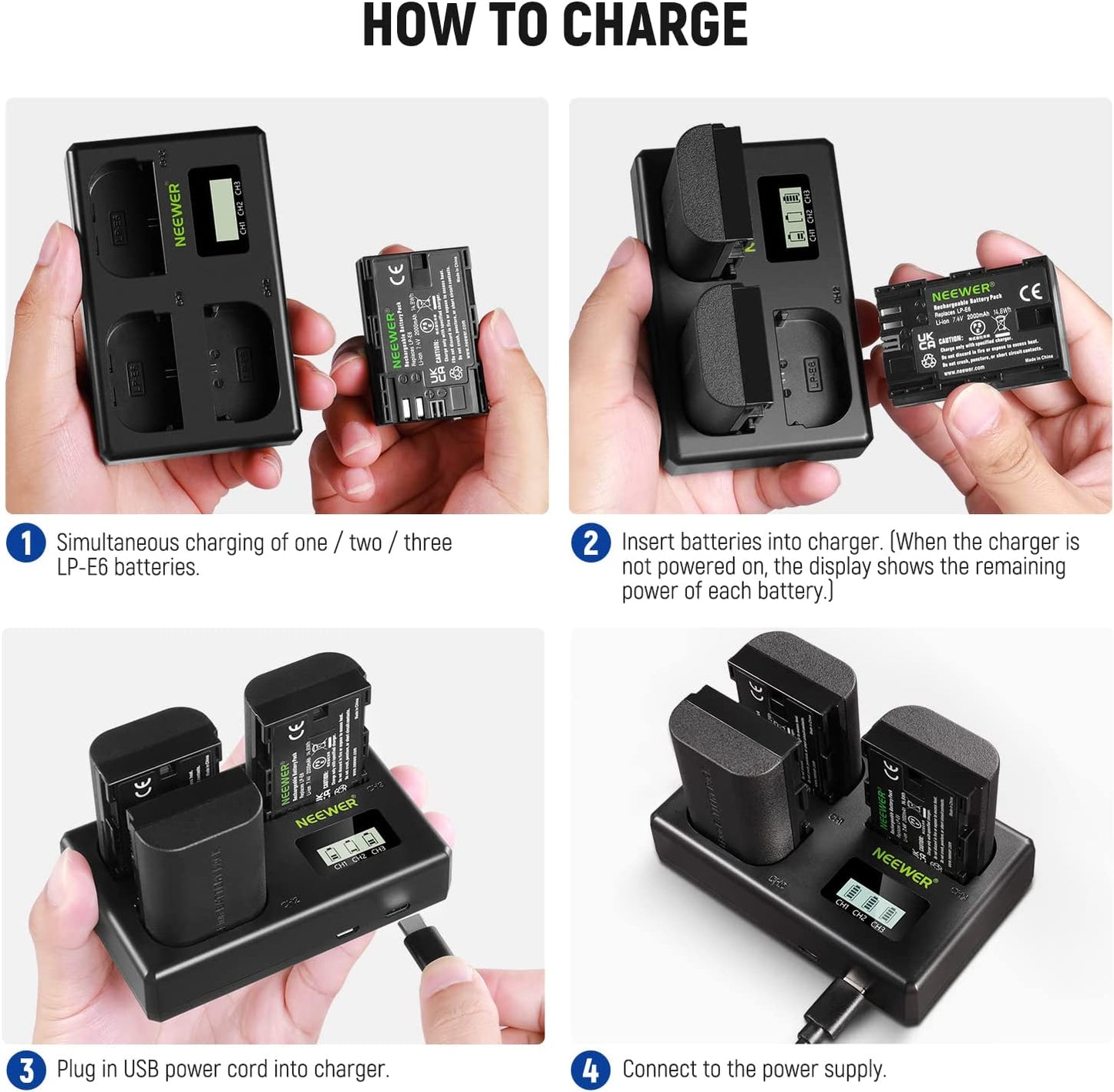Set de 3 acumulatori LP-E6 2000 mAh, cu incarcator triplu cu afisaj LCD, compatibil Canon EOS 5D Mark II Mark III Mark IV 5D SR 60D 60Da 6D 70D 7D