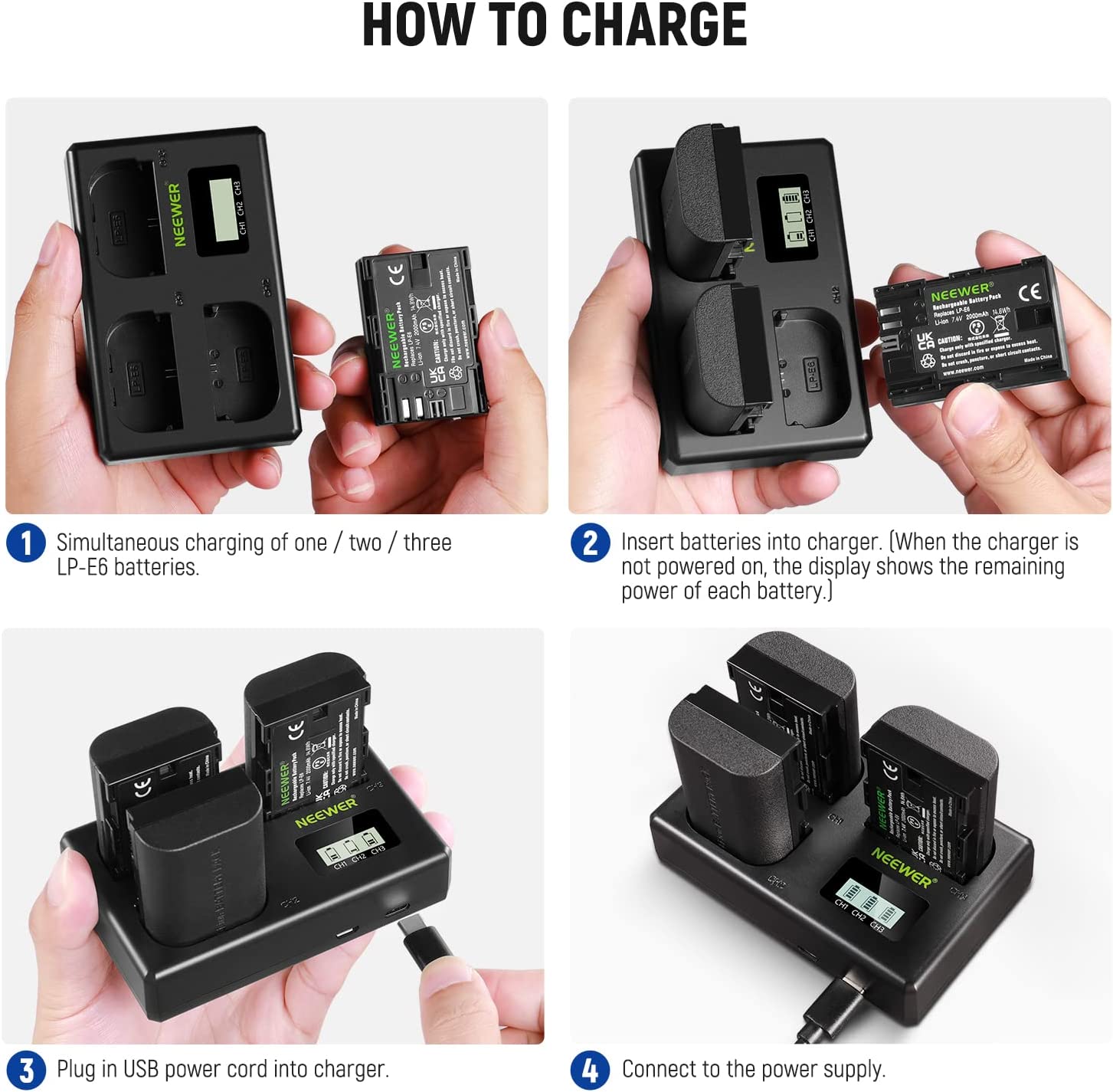 Set de 3 acumulatori LP-E6 2000 mAh, cu incarcator triplu cu afisaj LCD, compatibil Canon EOS 5D Mark II Mark III Mark IV 5D SR 60D 60Da 6D 70D 7D