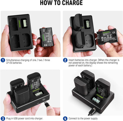 Set de 3 acumulatori LP-E6 2000 mAh, cu incarcator triplu cu afisaj LCD, compatibil Canon EOS 5D Mark II Mark III Mark IV 5D SR 60D 60Da 6D 70D 7D