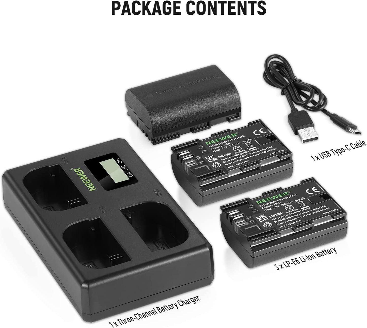Set de 3 acumulatori LP-E6 2000 mAh, cu incarcator triplu cu afisaj LCD, compatibil Canon EOS 5D Mark II Mark III Mark IV 5D SR 60D 60Da 6D 70D 7D