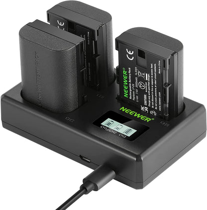 Set de 3 acumulatori LP-E6 2000 mAh, cu incarcator triplu cu afisaj LCD, compatibil Canon EOS 5D Mark II Mark III Mark IV 5D SR 60D 60Da 6D 70D 7D