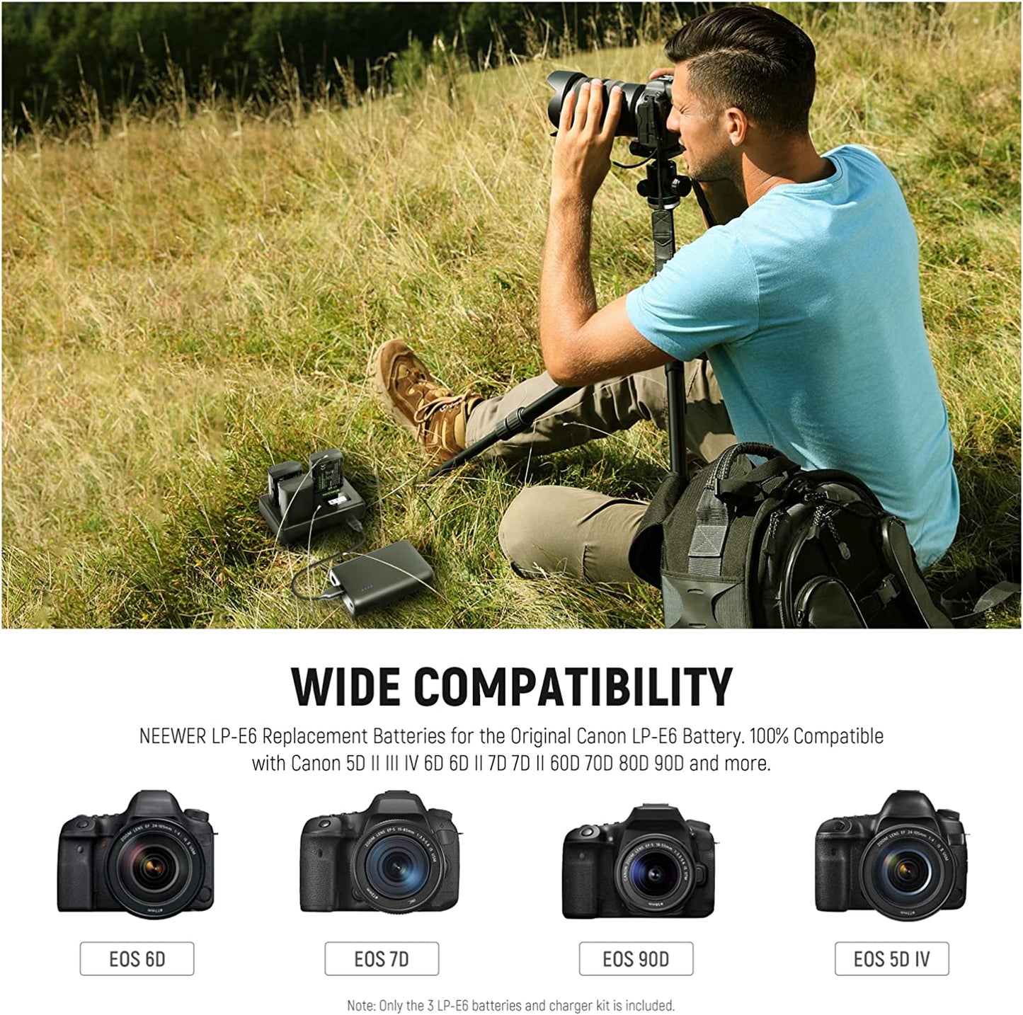 Set de 3 acumulatori LP-E6 2000 mAh, cu incarcator triplu cu afisaj LCD, compatibil Canon EOS 5D Mark II Mark III Mark IV 5D SR 60D 60Da 6D 70D 7D