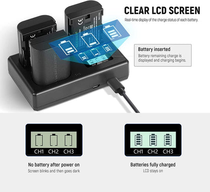Set de 3 acumulatori LP-E6 2000 mAh, cu incarcator triplu cu afisaj LCD, compatibil Canon EOS 5D Mark II Mark III Mark IV 5D SR 60D 60Da 6D 70D 7D