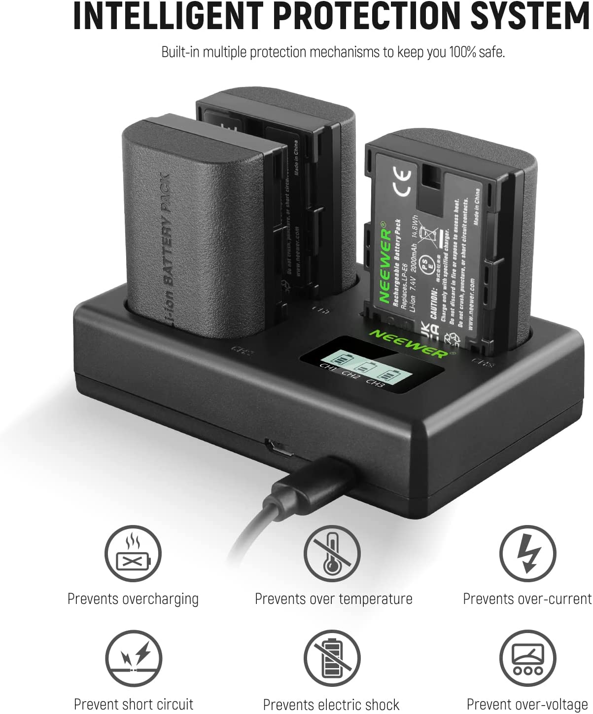 Set de 3 acumulatori LP-E6 2000 mAh, cu incarcator triplu cu afisaj LCD, compatibil Canon EOS 5D Mark II Mark III Mark IV 5D SR 60D 60Da 6D 70D 7D