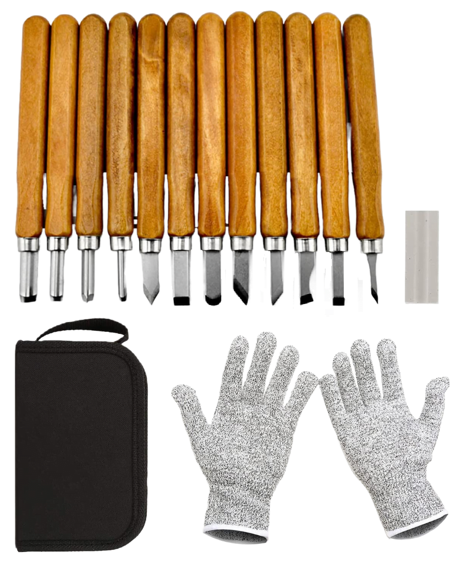 Set 12 dalti pentru sculptura, tamplarie, gravura, pentru lemn, ceara, argila, cu husa, piatra de ascutit si manusi de protectie