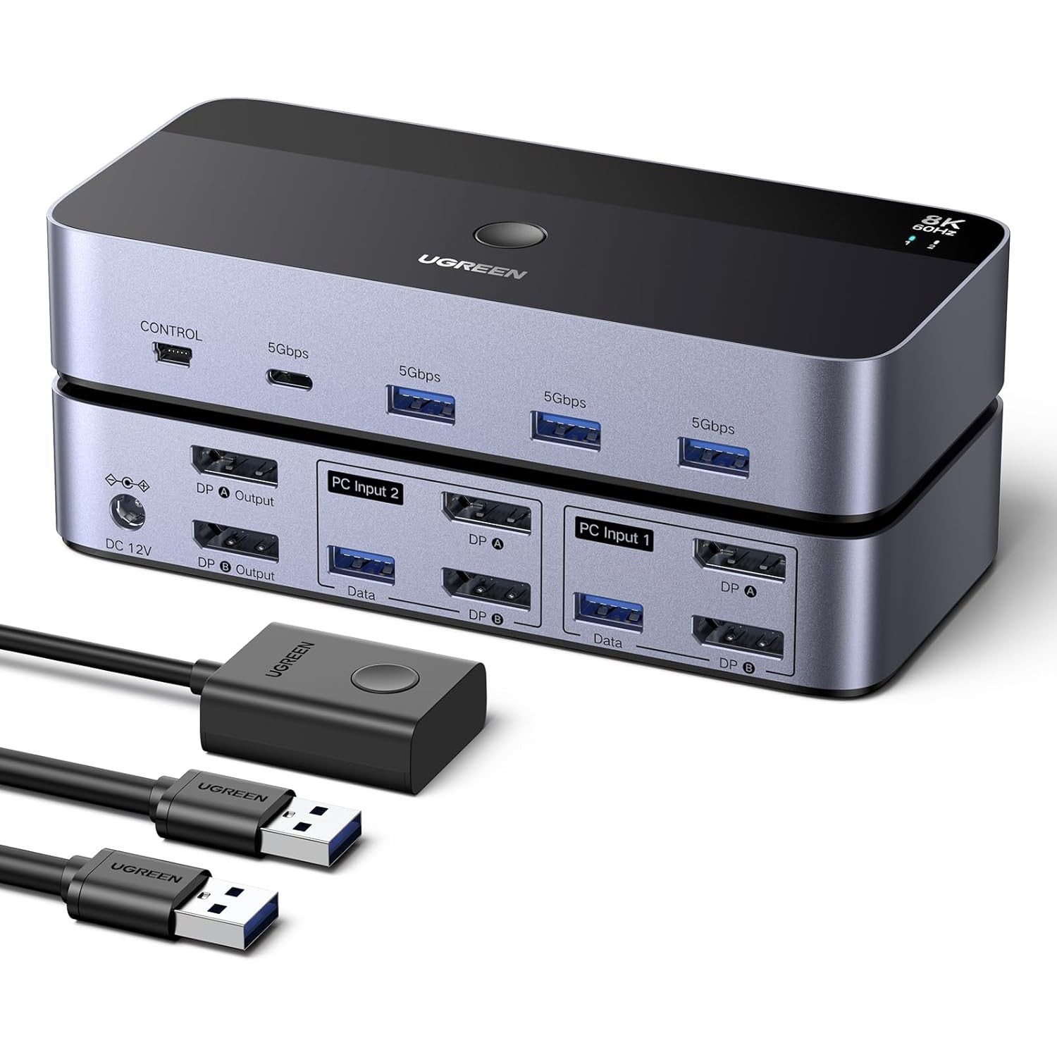 Switch KVM DP, Adaptor Hub pentru 2 computere si 2 monitoare, DisplayPort 8K60Hz, 4 porturi USB 3.0 5Gbps, USB-C, Buton Desktop Control, compatibil Windows/Linux/macOS