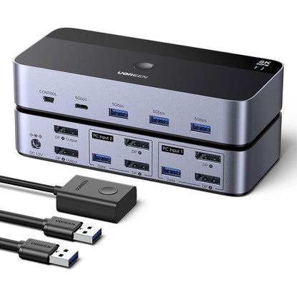 Switch KVM DP, Adaptor Hub pentru 2 computere si 2 monitoare, DisplayPort 8K60Hz, 4 porturi USB 3.0 5Gbps, USB-C, Buton Desktop Control, compatibil Windows/Linux/macOS