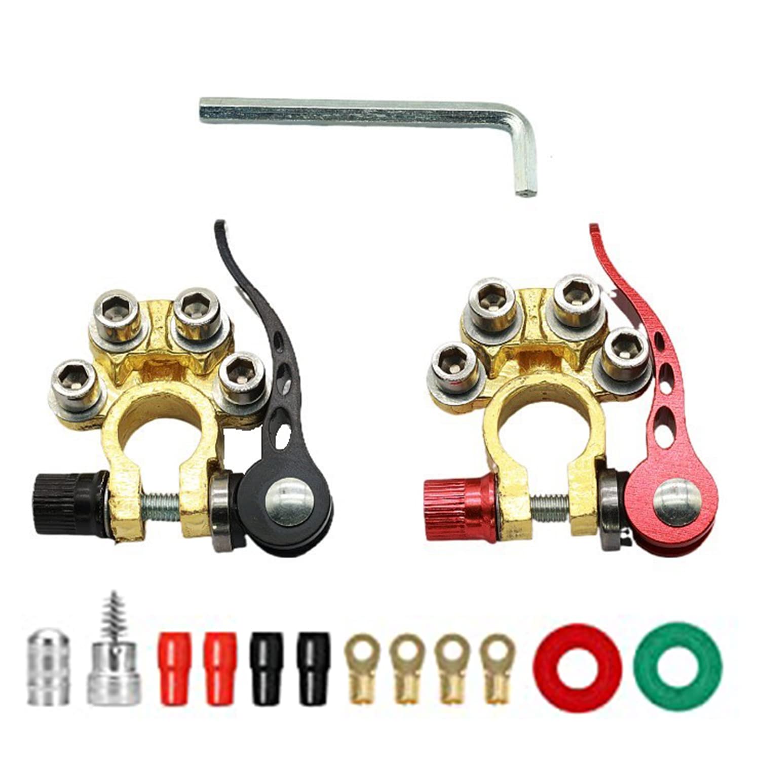 Set borne baterie auto cu 4 terminale si cleme eliberare rapida, tub termoconectabil, terminal conductori tip inelar, 2 saibe anticoroziune si perie curatare