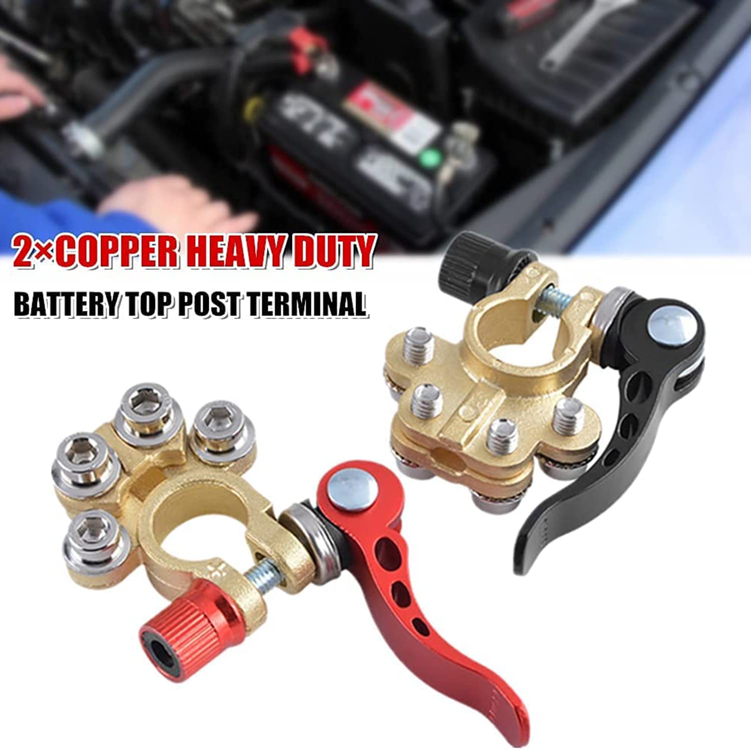 Set borne baterie auto cu 4 terminale si cleme eliberare rapida, tub termoconectabil, terminal conductori tip inelar, 2 saibe anticoroziune si perie curatare