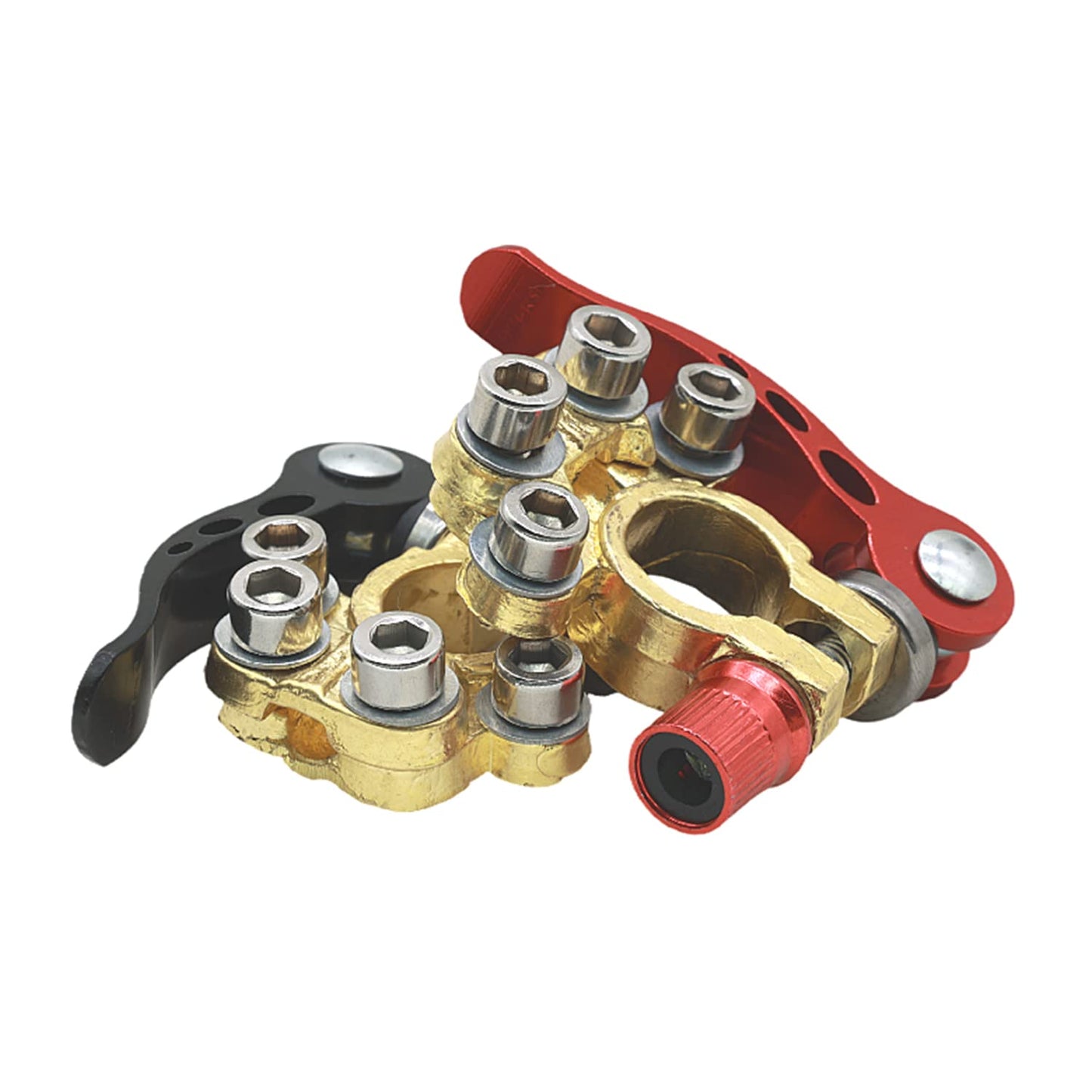 Set borne baterie auto cu 4 terminale si cleme eliberare rapida, tub termoconectabil, terminal conductori tip inelar, 2 saibe anticoroziune si perie curatare