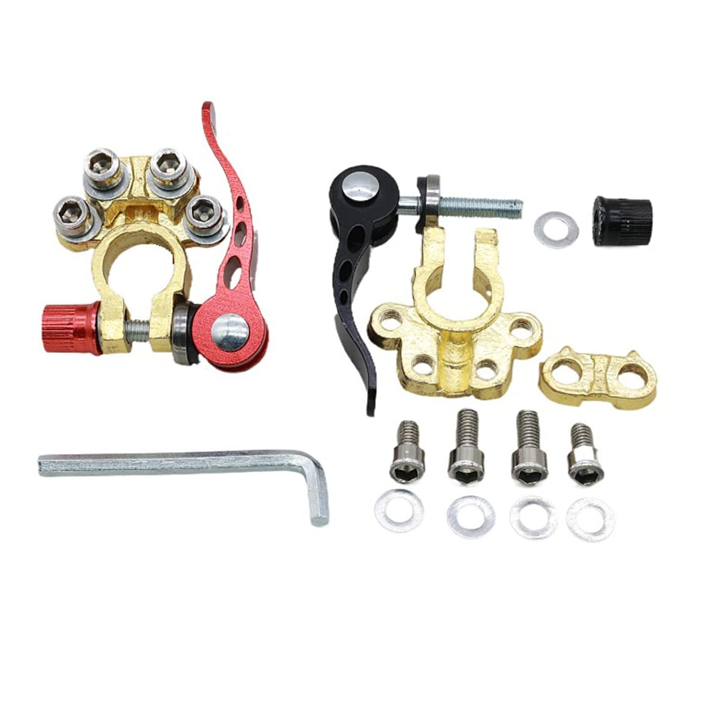 Set borne baterie auto cu 4 terminale si cleme eliberare rapida, tub termoconectabil, terminal conductori tip inelar, 2 saibe anticoroziune si perie curatare