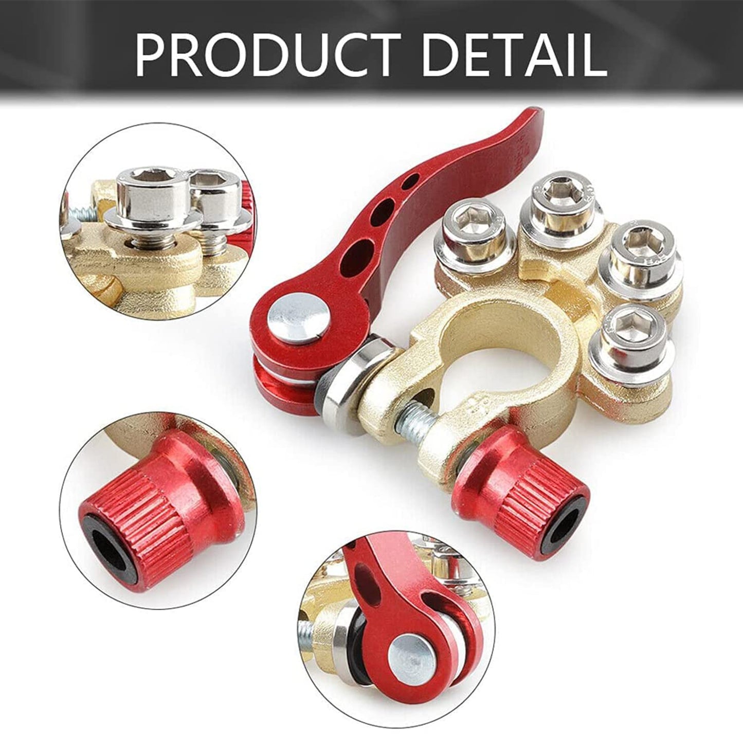 Set borne baterie auto cu 4 terminale si cleme eliberare rapida, tub termoconectabil, terminal conductori tip inelar, 2 saibe anticoroziune si perie curatare