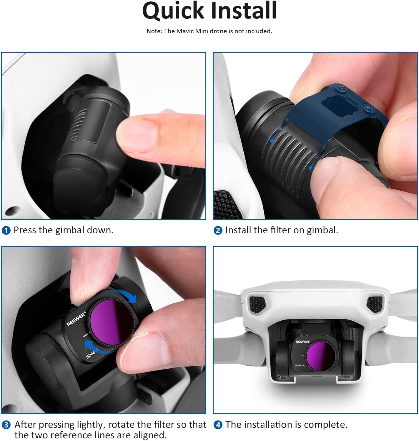 Set 5 filtre ND polarizate compatibile cu DJI Mavic Mini/Mini 2/Mini SE, incluzand ND4PL ND8PL ND16PL ND32PL ND64PL, profesional, cu laveta si cutie de depozitare, Neewer