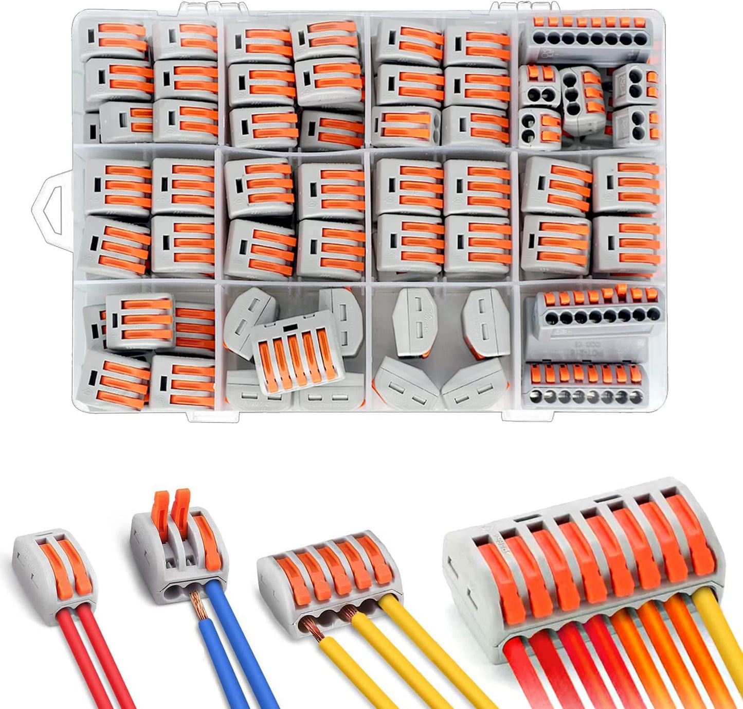 Set 100 conectori doza, cleme cablu cu eliberare rapida, 45 piese 3 pini, 40 piese cu 2 pini, 10 piese cu 5 pini si 5 piese cu 8 pini, pentru conductori electrici