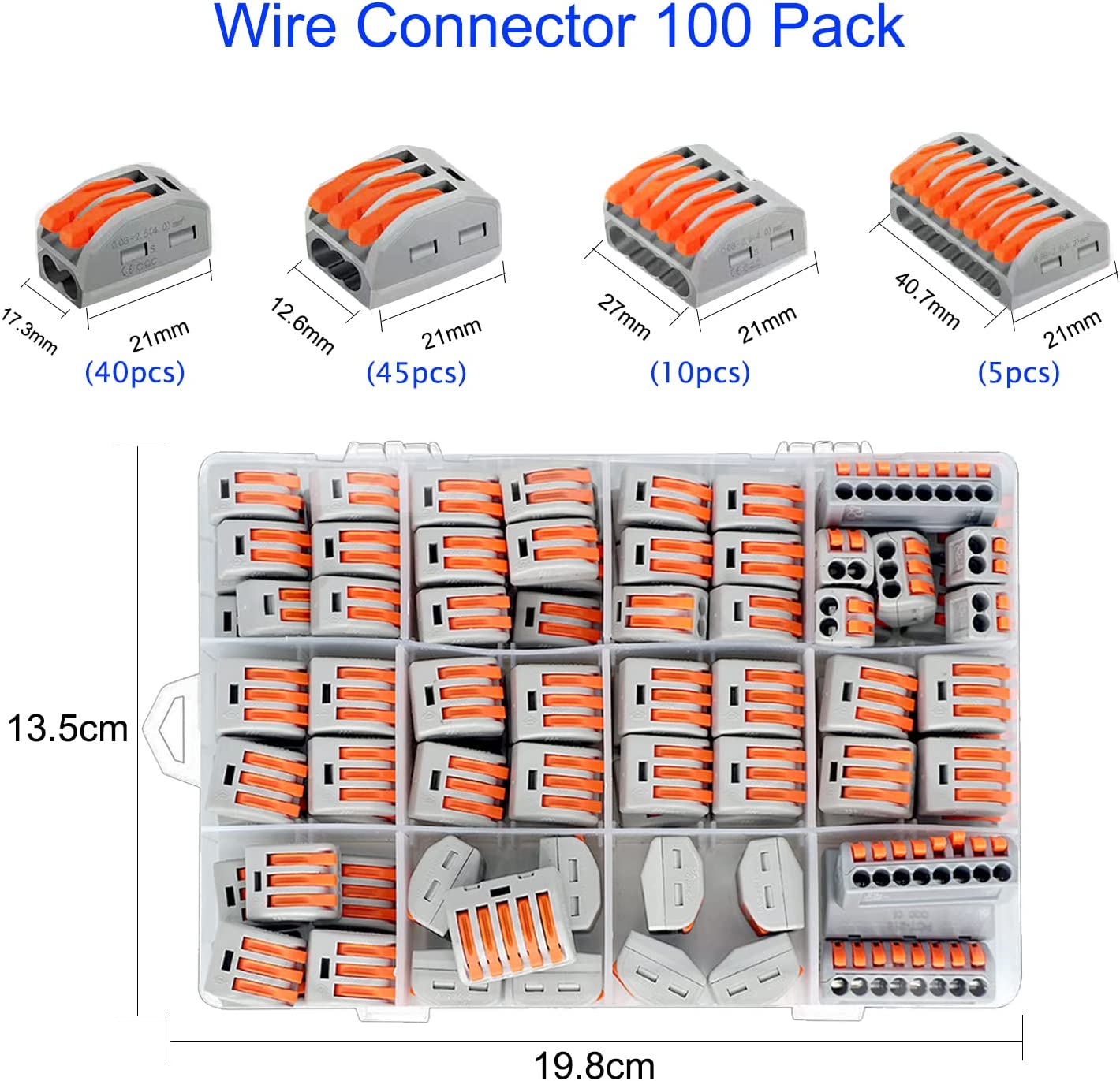 Set 100 conectori doza, cleme cablu cu eliberare rapida, 45 piese 3 pini, 40 piese cu 2 pini, 10 piese cu 5 pini si 5 piese cu 8 pini, pentru conductori electrici