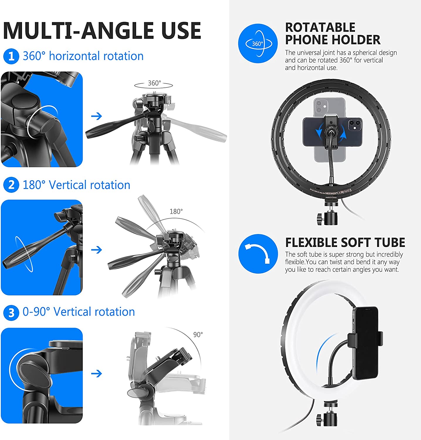 Lampa circulara Ring Light 10 inch LED RGB profesionala cu trepied reglabil si 2 suporturi pentru smartphone, cu telecomanda, 16 culori, RGB dinamic in 26 moduri si 4 moduri blit, USB, pentru machiaj, streaming live