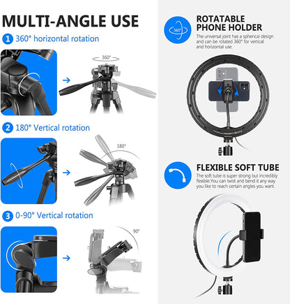 Lampa circulara Ring Light 10 inch LED RGB profesionala cu trepied reglabil si 2 suporturi pentru smartphone, cu telecomanda, 16 culori, RGB dinamic in 26 moduri si 4 moduri blit, USB, pentru machiaj, streaming live