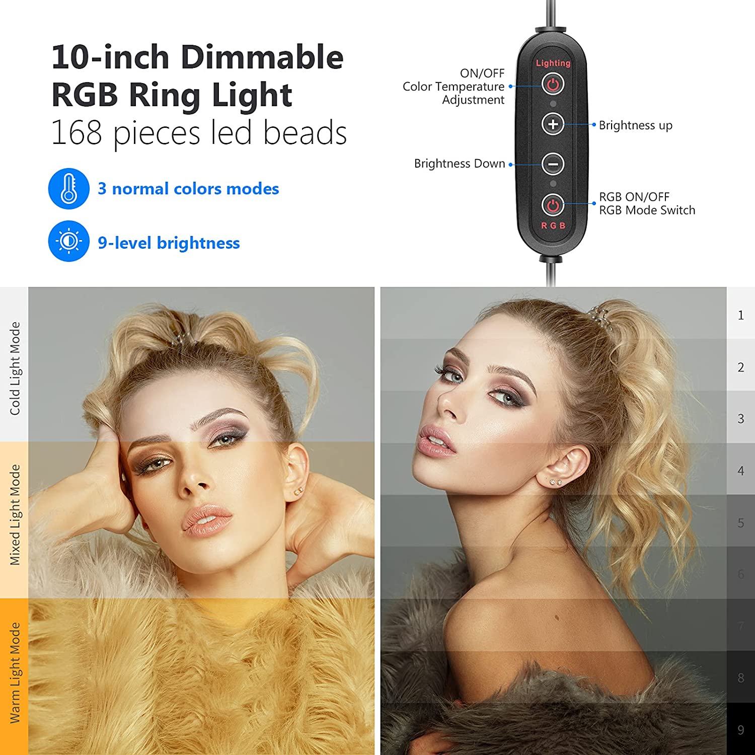 Lampa circulara Ring Light 10 inch LED RGB profesionala cu trepied reglabil si 2 suporturi pentru smartphone, cu telecomanda, 16 culori, RGB dinamic in 26 moduri si 4 moduri blit, USB, pentru machiaj, streaming live