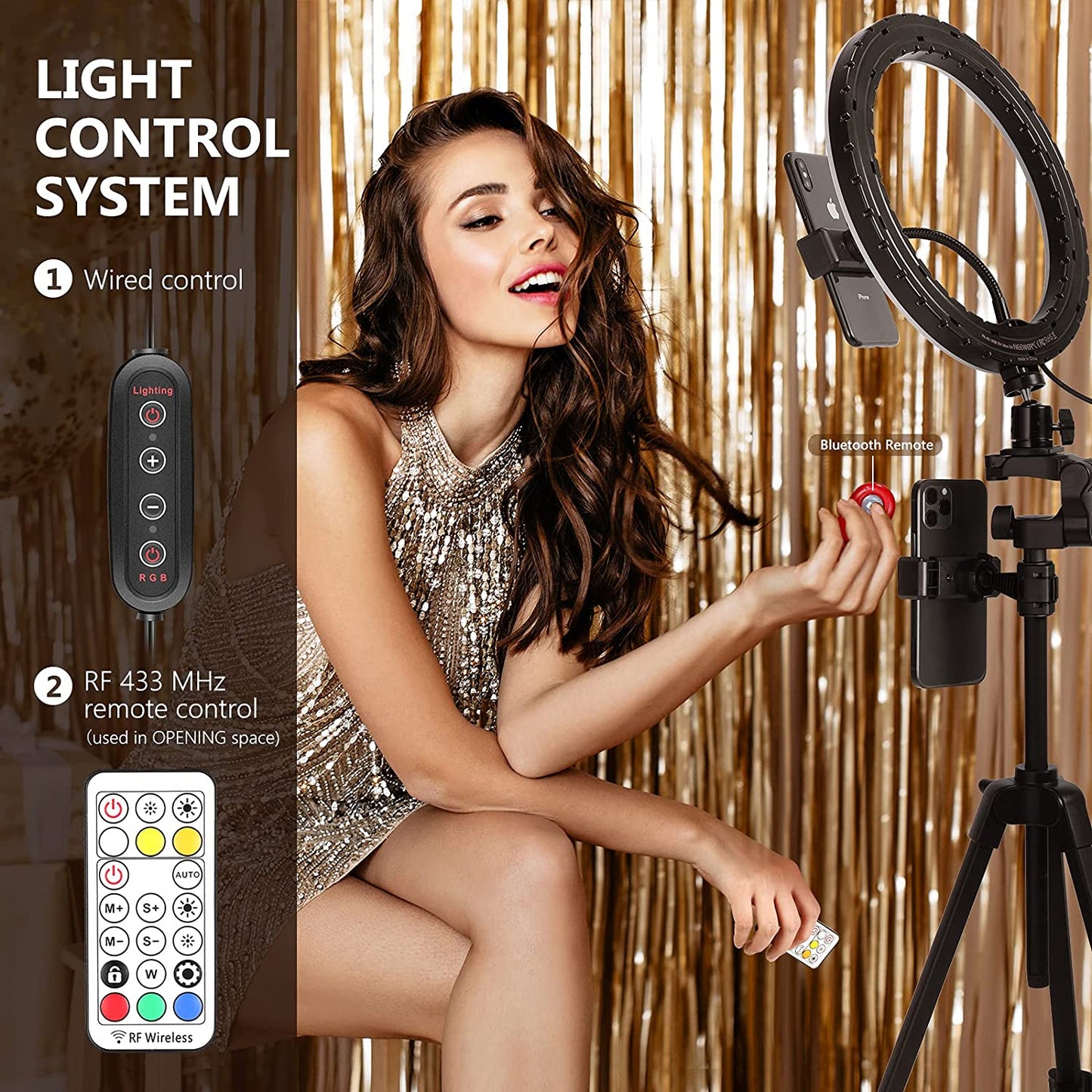 Lampa circulara Ring Light 10 inch LED RGB profesionala cu trepied reglabil si 2 suporturi pentru smartphone, cu telecomanda, 16 culori, RGB dinamic in 26 moduri si 4 moduri blit, USB, pentru machiaj, streaming live