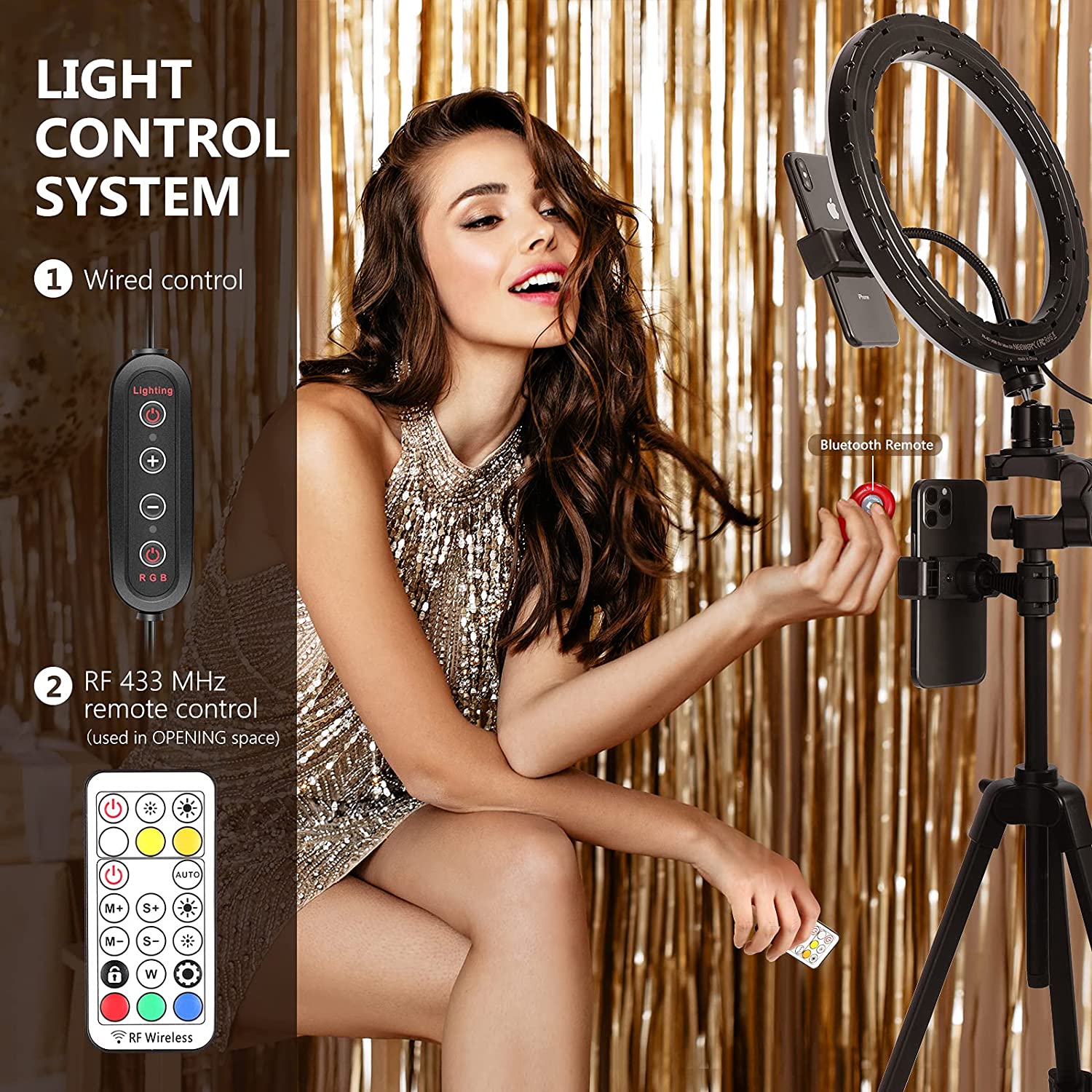 Lampa circulara Ring Light 10 inch LED RGB profesionala cu trepied reglabil si 2 suporturi pentru smartphone, cu telecomanda, 16 culori, RGB dinamic in 26 moduri si 4 moduri blit, USB, pentru machiaj, streaming live