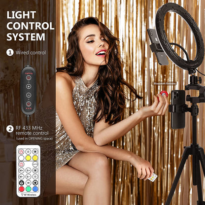 Lampa circulara Ring Light 10 inch LED RGB profesionala cu trepied reglabil si 2 suporturi pentru smartphone, cu telecomanda, 16 culori, RGB dinamic in 26 moduri si 4 moduri blit, USB, pentru machiaj, streaming live