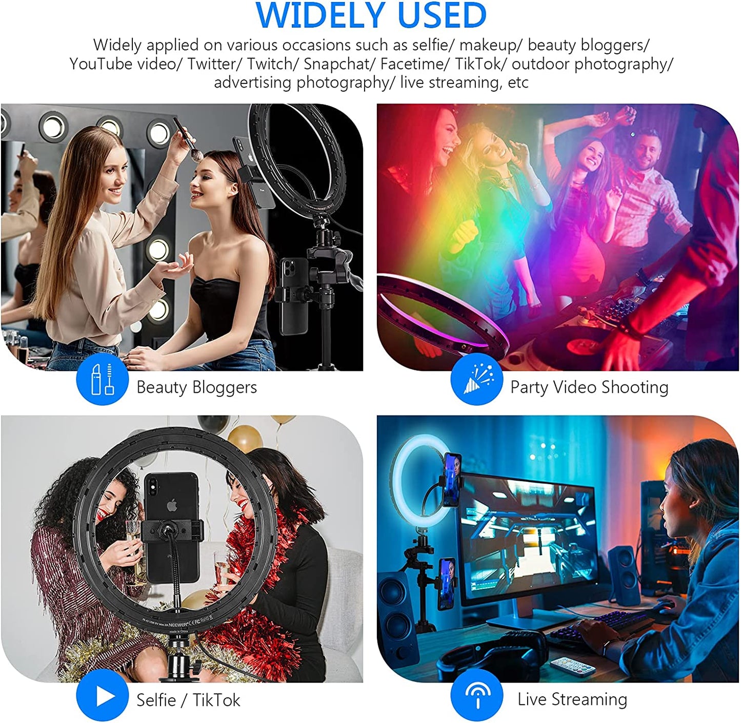 Lampa circulara Ring Light 10 inch LED RGB profesionala cu trepied reglabil si 2 suporturi pentru smartphone, cu telecomanda, 16 culori, RGB dinamic in 26 moduri si 4 moduri blit, USB, pentru machiaj, streaming live