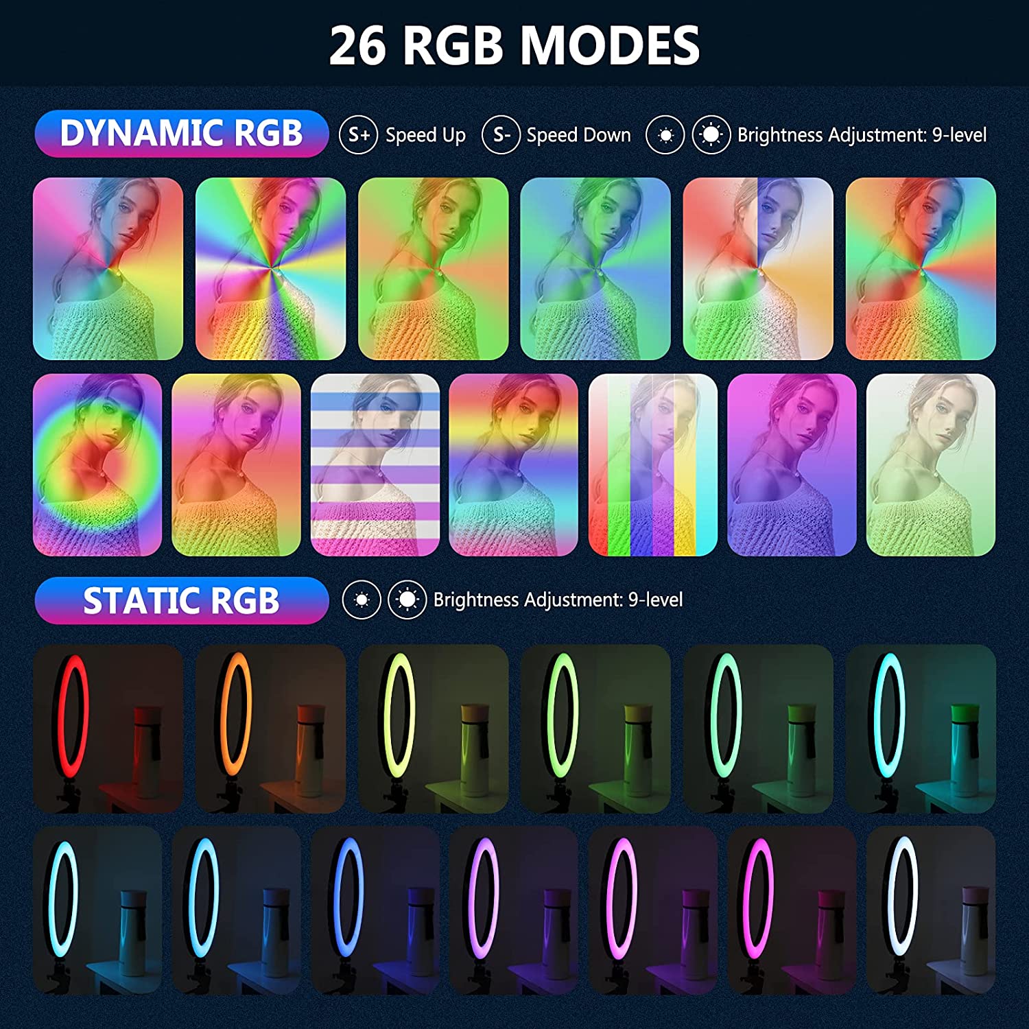 Lampa circulara Ring Light 10 inch LED RGB profesionala cu trepied reglabil si 2 suporturi pentru smartphone, cu telecomanda, 16 culori, RGB dinamic in 26 moduri si 4 moduri blit, USB, pentru machiaj, streaming live