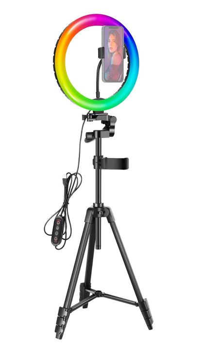 Lampa circulara Ring Light 10 inch LED RGB profesionala cu trepied reglabil si 2 suporturi pentru smartphone, cu telecomanda, 16 culori, RGB dinamic in 26 moduri si 4 moduri blit, USB, pentru machiaj, streaming live