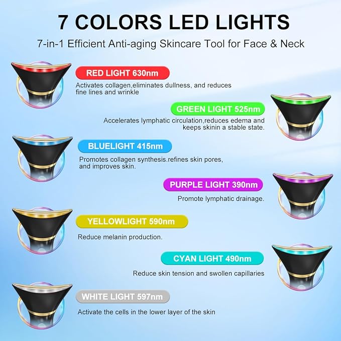 Dispozitiv masaj facial profesional cu 7 moduri LED, compresie incalzire si mod rece, cap de masaj curbat pentru fata, gat, frunte, dispozitiv lifting pentru reintinerirea pielii, reducerea ridurilor, tonifierea pielii