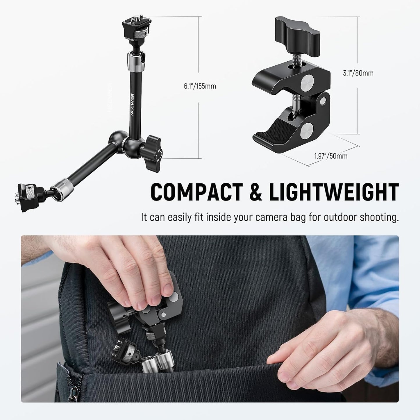 Set brat articulat de 11 inch Joint Magic Arm cu clema Super Clamp cu filet 1/4 Inch si 3/8 Inch, sarcina maxima 3 kg, pentru cage, monitor de camp, camera DSLR, ring light, lumina LED, multifunctionale