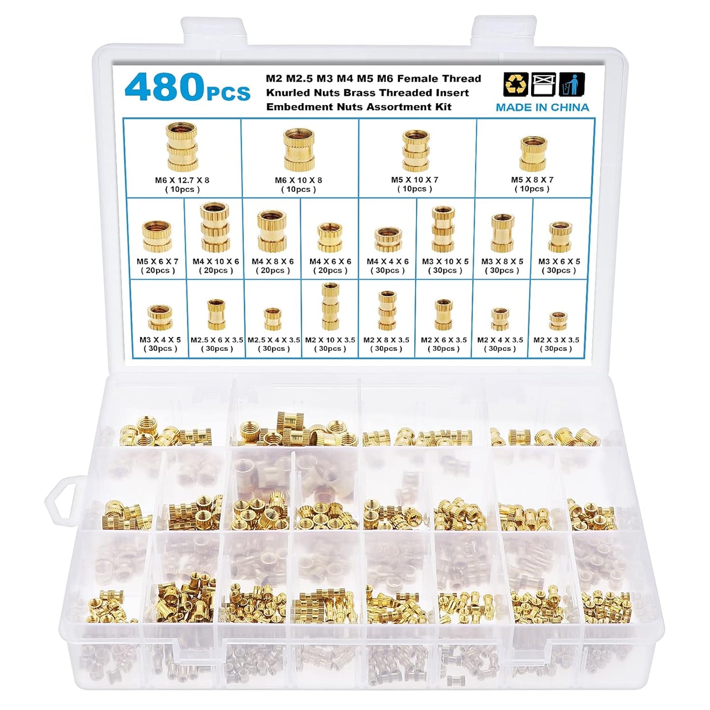 Set de 480 piulite moletate din alama cu insertii filetate M2 M2.5 M3 M4 M5 M6, 20 de dimensiuni, pentru imprimarea 3D a pieselor din plastic, in cutie depozitare