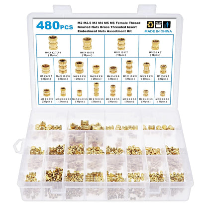 Set de 480 piulite moletate din alama cu insertii filetate M2 M2.5 M3 M4 M5 M6, 20 de dimensiuni, pentru imprimarea 3D a pieselor din plastic, in cutie depozitare