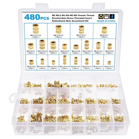 Set de 480 piulite moletate din alama cu insertii filetate M2 M2.5 M3 M4 M5 M6, 20 de dimensiuni, pentru imprimarea 3D a pieselor din plastic, in cutie depozitare