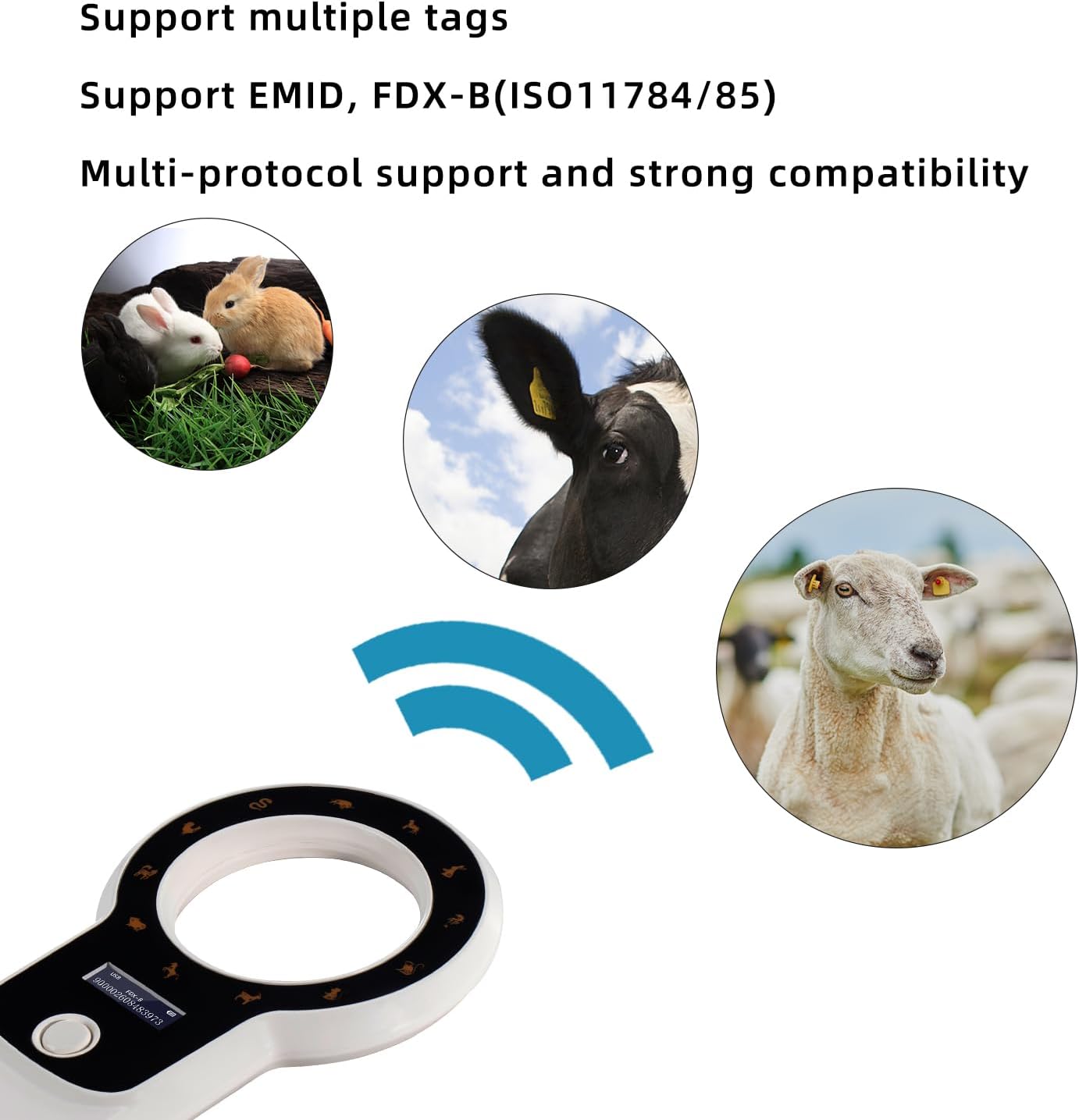 Cititor cipuri animale portabil, cu display OLED, reincarcabil, suporta tehnologie ISO 11784/11785 si ID64 RFID, stocare date, pentru caini, pisici si crotalii ureche