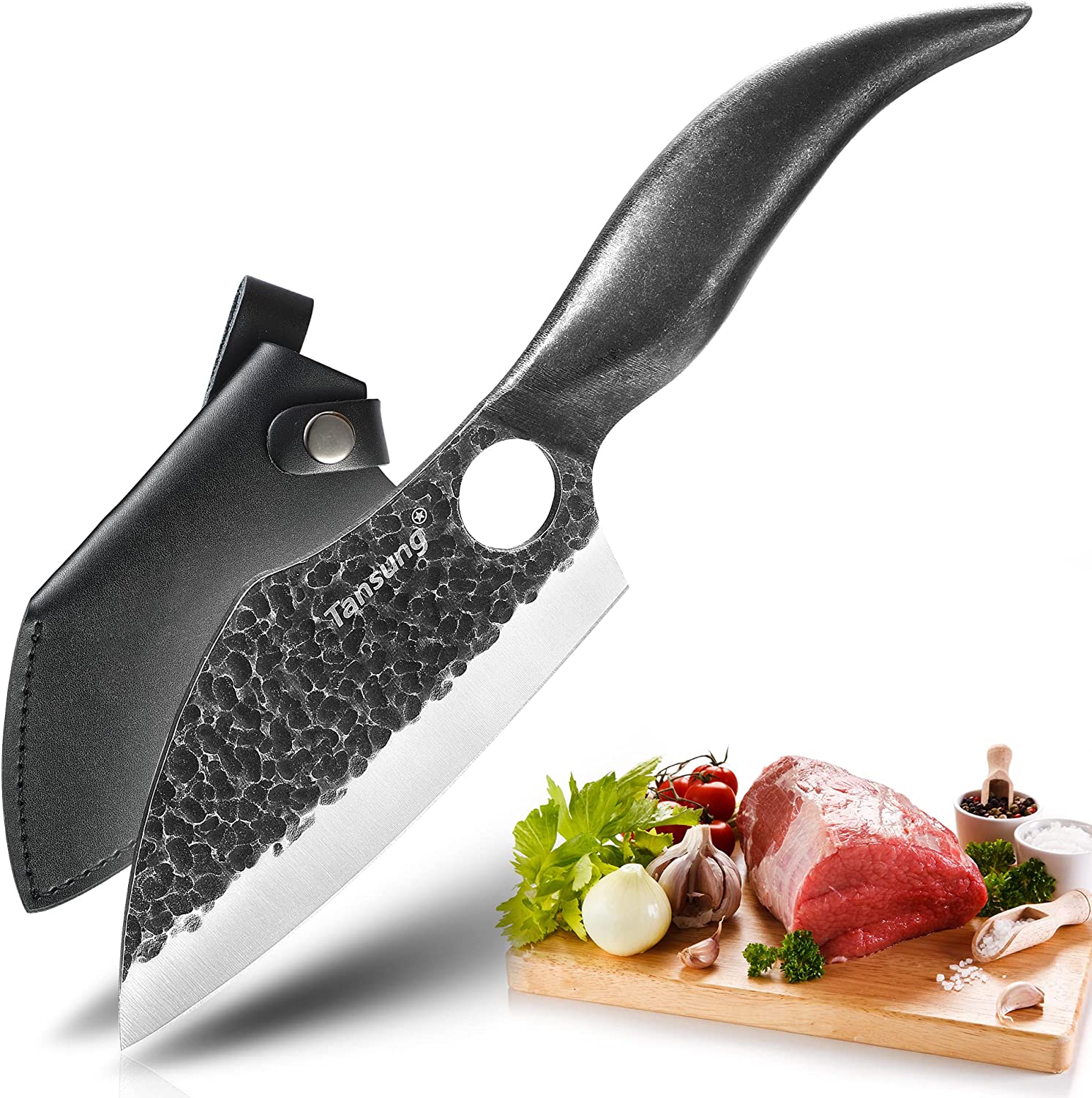 Cutit japonez 29.5 cm lucrat manual, lama forjata din otel carbon, Full Tang cu maner din otel inoxidabil , Universal, pentru Bucatarie, Feliat, Transat, Restaurant, Camping, cu husa din piele