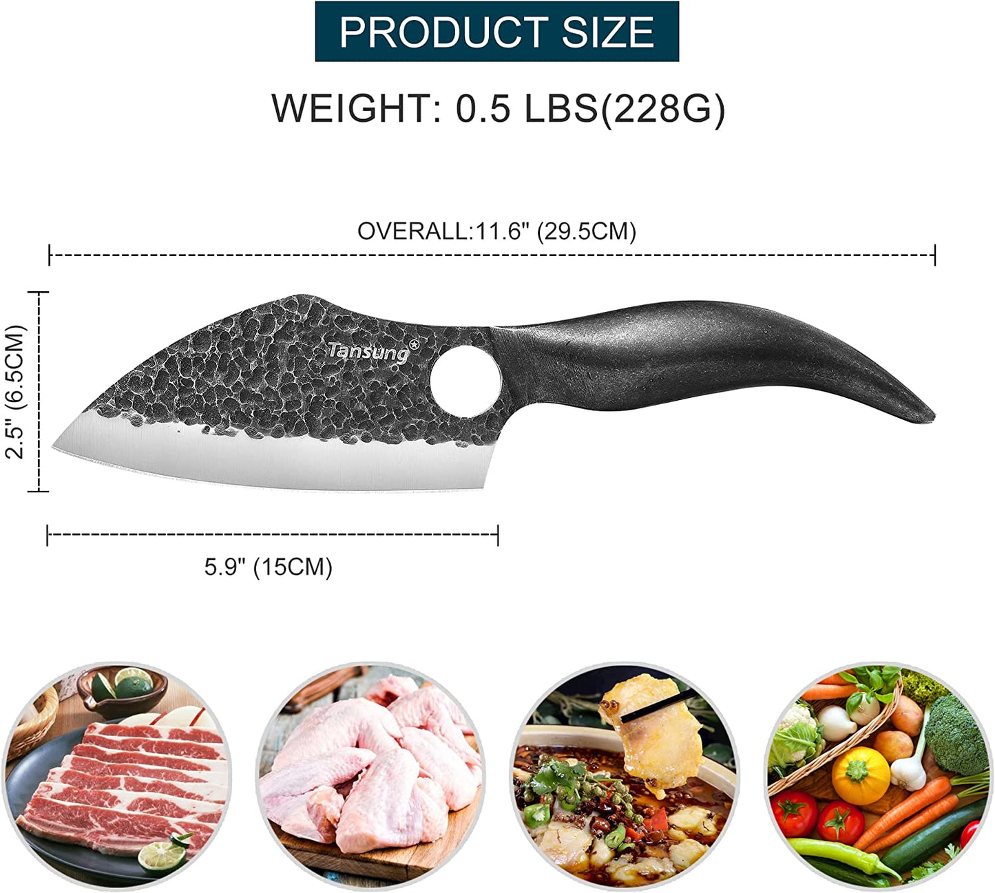 Cutit japonez 29.5 cm lucrat manual, lama forjata din otel carbon, Full Tang cu maner din otel inoxidabil , Universal, pentru Bucatarie, Feliat, Transat, Restaurant, Camping, cu husa din piele