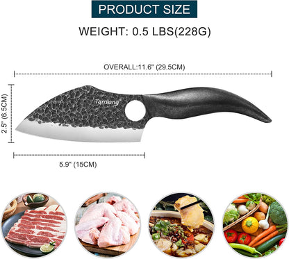 Cutit japonez 29.5 cm lucrat manual, lama forjata din otel carbon, Full Tang cu maner din otel inoxidabil , Universal, pentru Bucatarie, Feliat, Transat, Restaurant, Camping, cu husa din piele