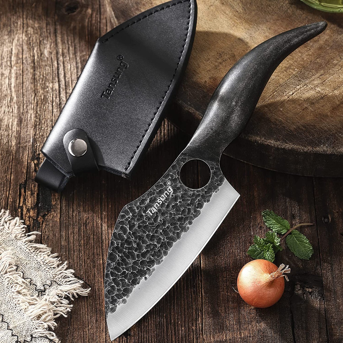 Cutit japonez 29.5 cm lucrat manual, lama forjata din otel carbon, Full Tang cu maner din otel inoxidabil , Universal, pentru Bucatarie, Feliat, Transat, Restaurant, Camping, cu husa din piele