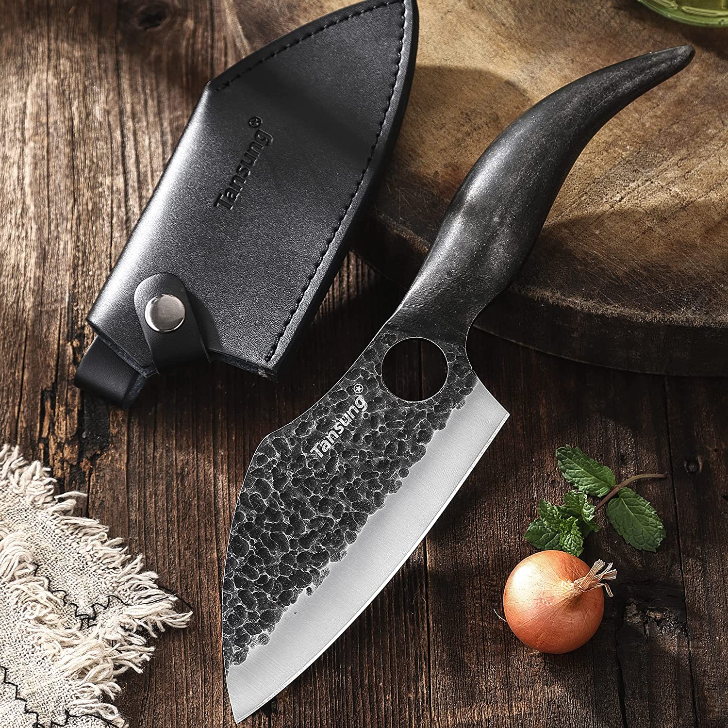 Cutit japonez 29.5 cm lucrat manual, lama forjata din otel carbon, Full Tang cu maner din otel inoxidabil , Universal, pentru Bucatarie, Feliat, Transat, Restaurant, Camping, cu husa din piele