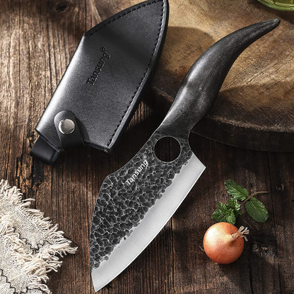 Cutit japonez 29.5 cm lucrat manual, lama forjata din otel carbon, Full Tang cu maner din otel inoxidabil , Universal, pentru Bucatarie, Feliat, Transat, Restaurant, Camping, cu husa din piele