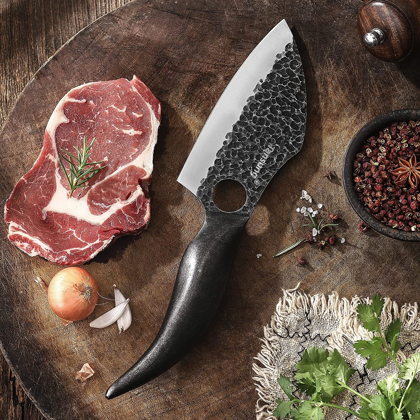 Cutit japonez 29.5 cm lucrat manual, lama forjata din otel carbon, Full Tang cu maner din otel inoxidabil , Universal, pentru Bucatarie, Feliat, Transat, Restaurant, Camping, cu husa din piele