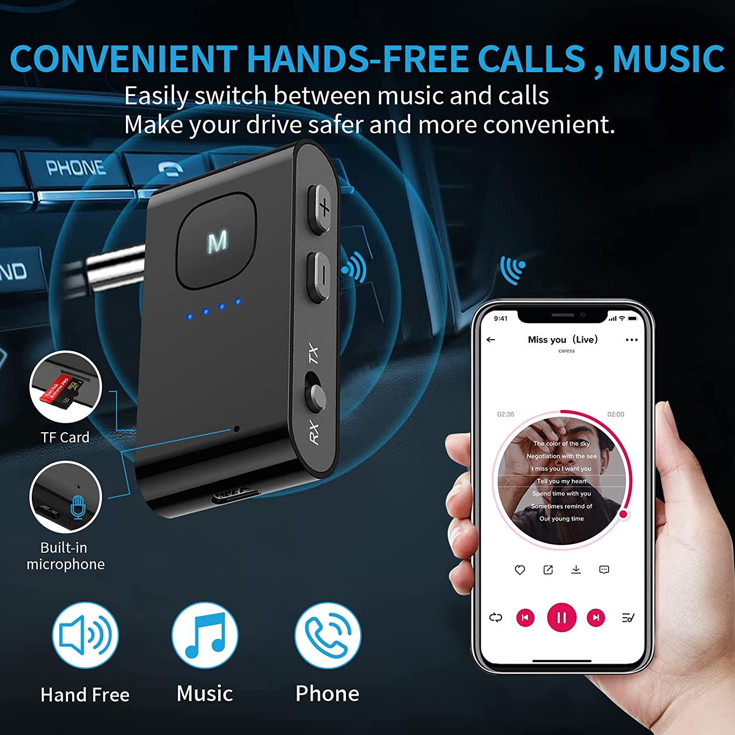 Adaptor Bluetooth 5.0, transmitator si receptor audio cu slot card, mufa jack, cu microfon incorporat, accepta apeluri hands-free, pentru masina, PC, smartphone casti