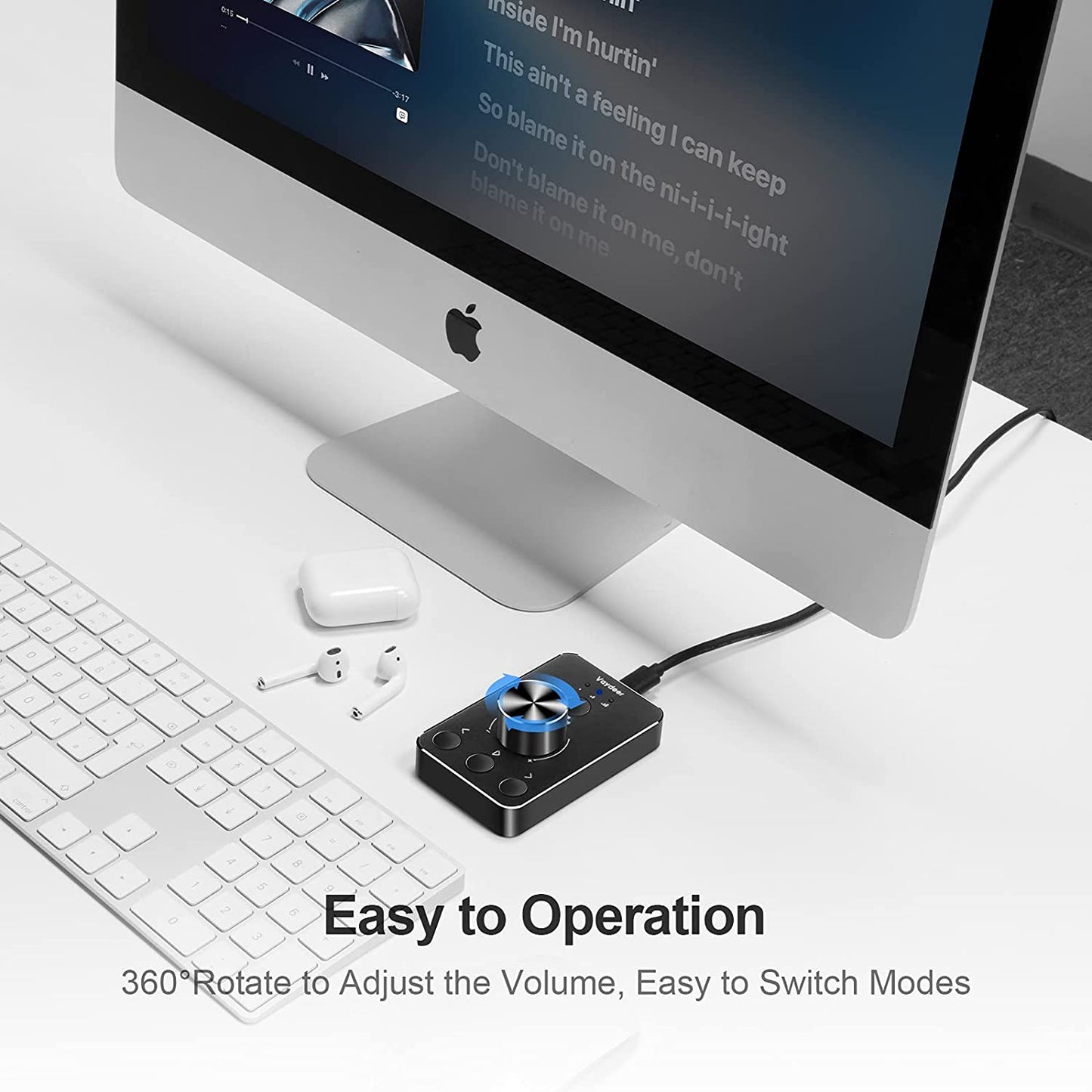 Placa de control sunet USB, cu buton dual pentru volum si mute, din aluminiu, plug & play, compatibil Mac OS, Windows, Linux, negru