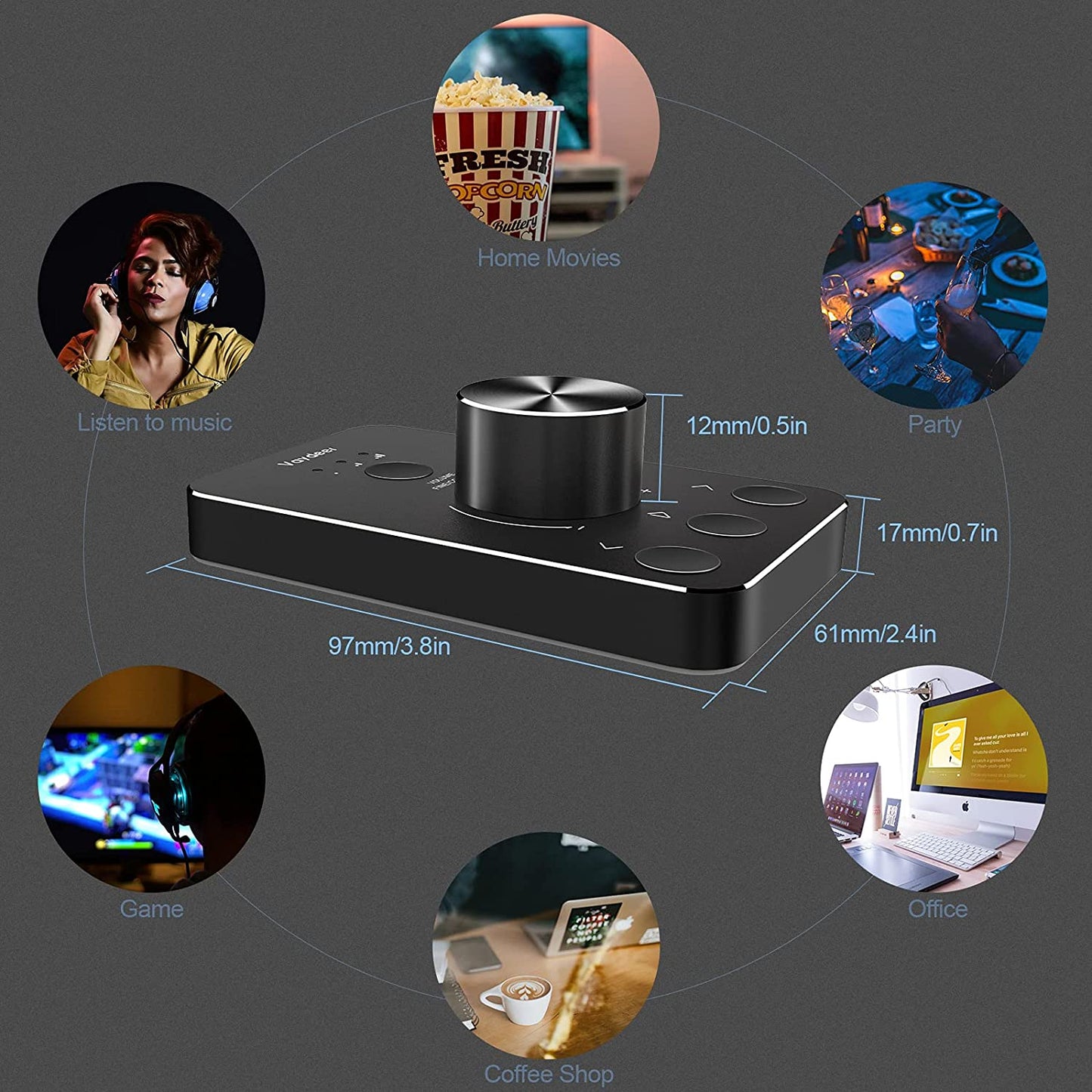 Placa de control sunet USB, cu buton dual pentru volum si mute, din aluminiu, plug & play, compatibil Mac OS, Windows, Linux, negru