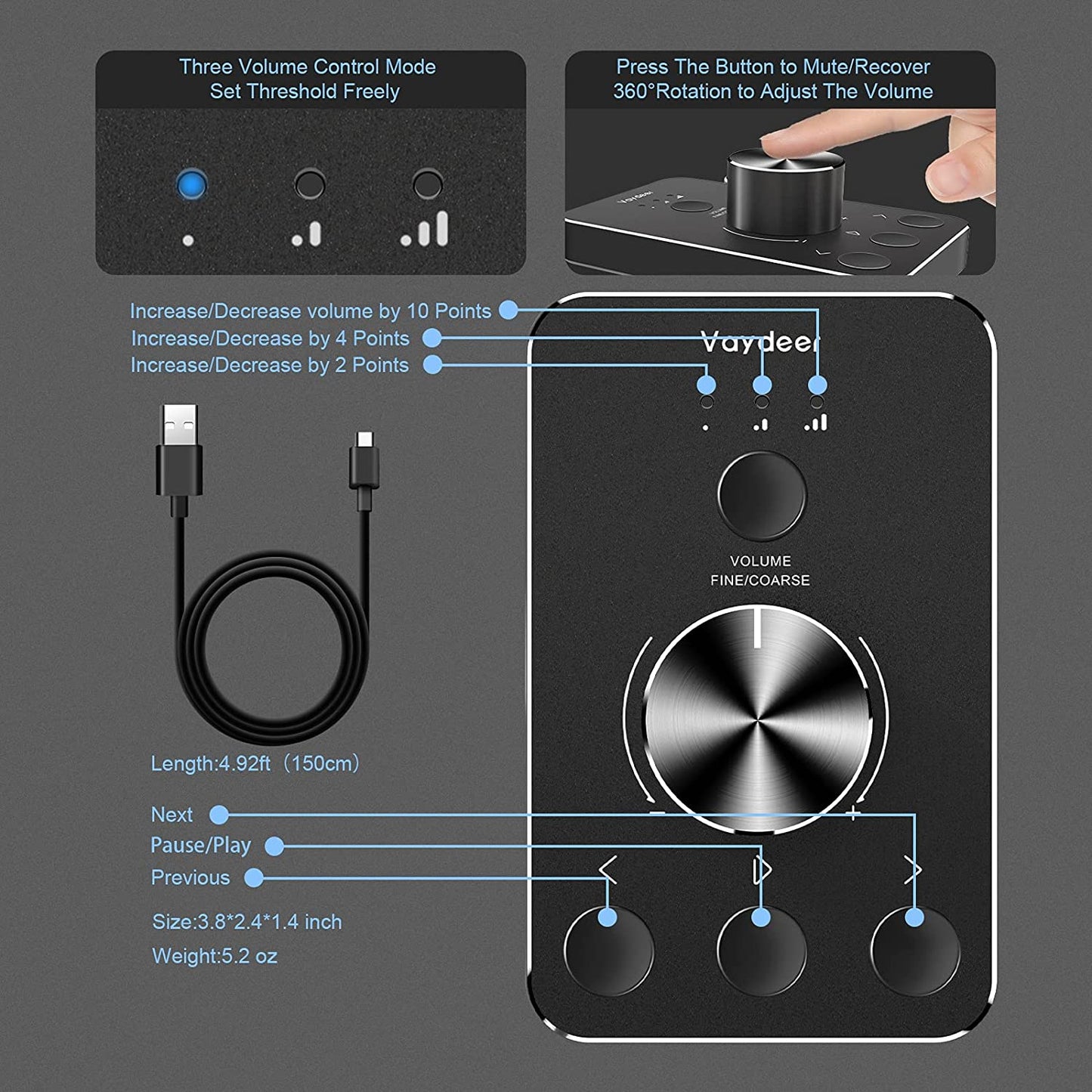 Placa de control sunet USB, cu buton dual pentru volum si mute, din aluminiu, plug & play, compatibil Mac OS, Windows, Linux, negru