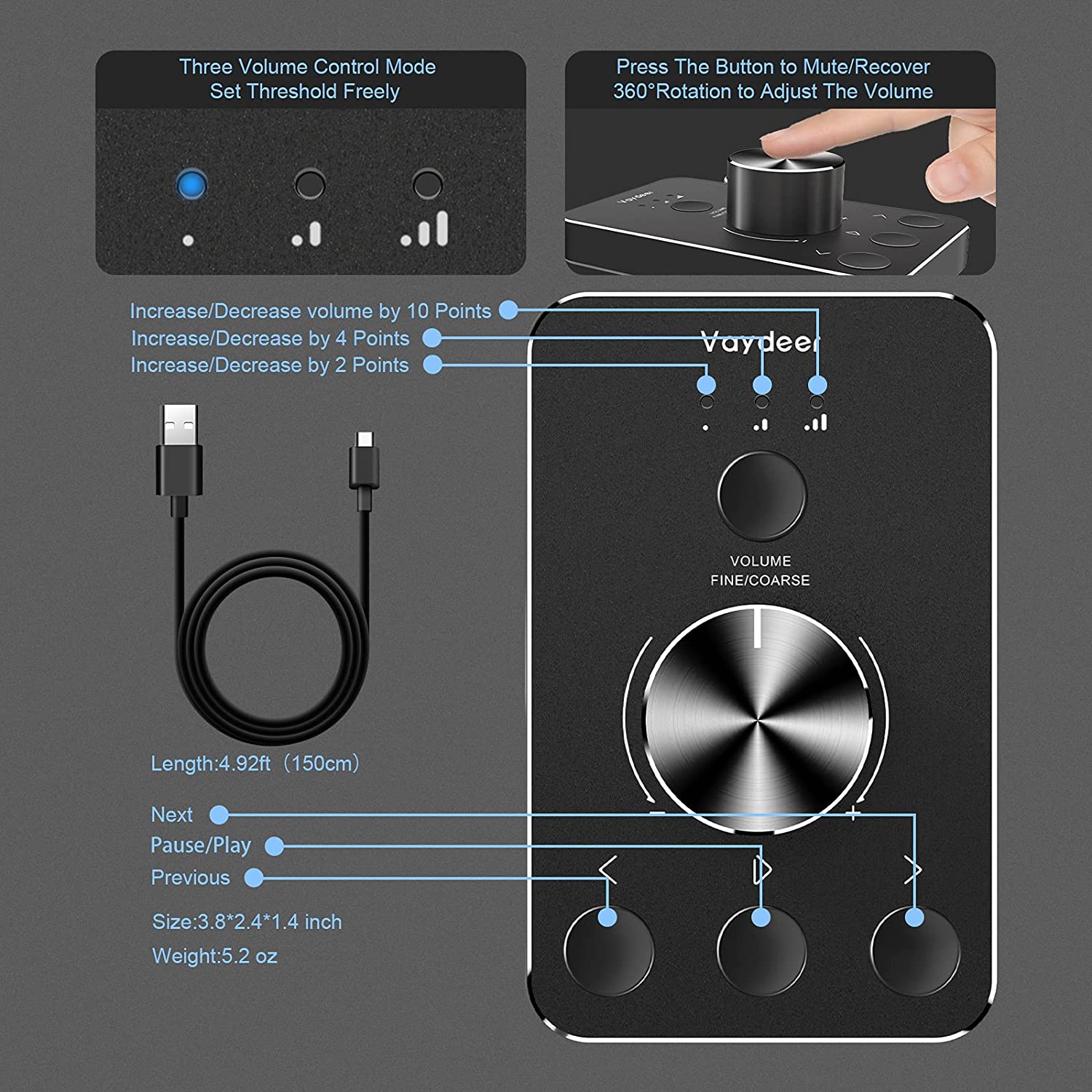 Placa de control sunet USB, cu buton dual pentru volum si mute, din aluminiu, plug & play, compatibil Mac OS, Windows, Linux, negru
