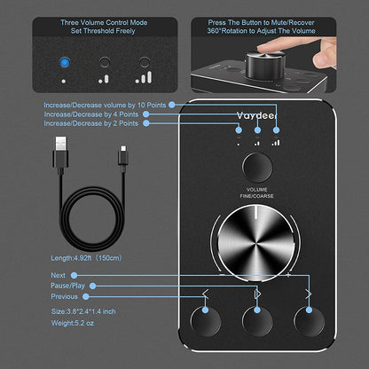 Placa de control sunet USB, cu buton dual pentru volum si mute, din aluminiu, plug & play, compatibil Mac OS, Windows, Linux, negru