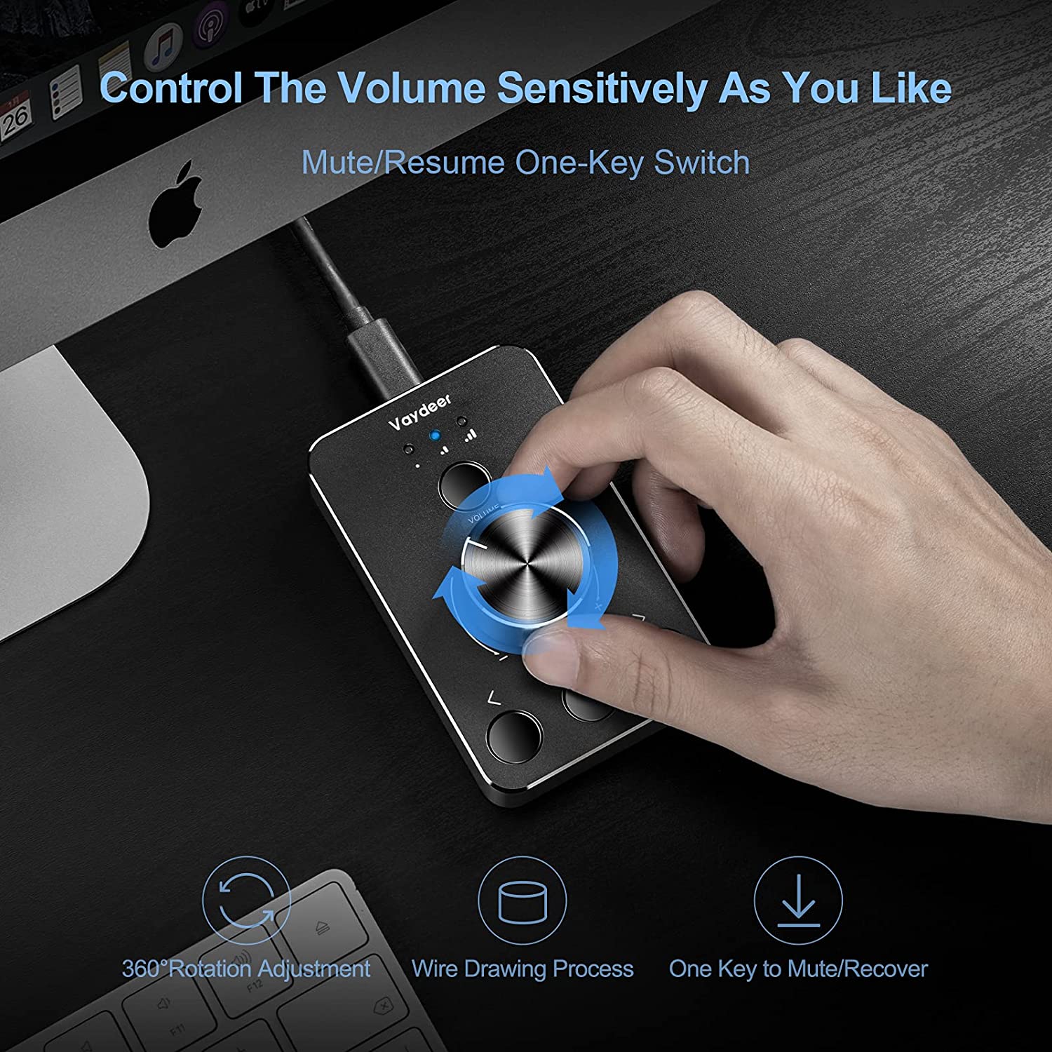 Placa de control sunet USB, cu buton dual pentru volum si mute, din aluminiu, plug & play, compatibil Mac OS, Windows, Linux, negru