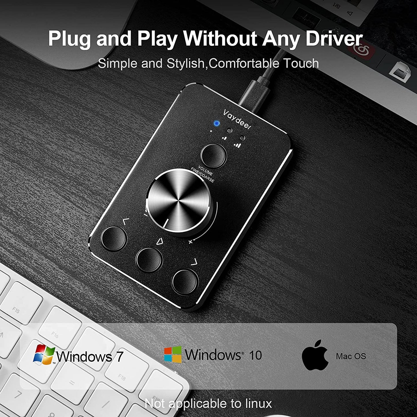 Placa de control sunet USB, cu buton dual pentru volum si mute, din aluminiu, plug & play, compatibil Mac OS, Windows, Linux, negru